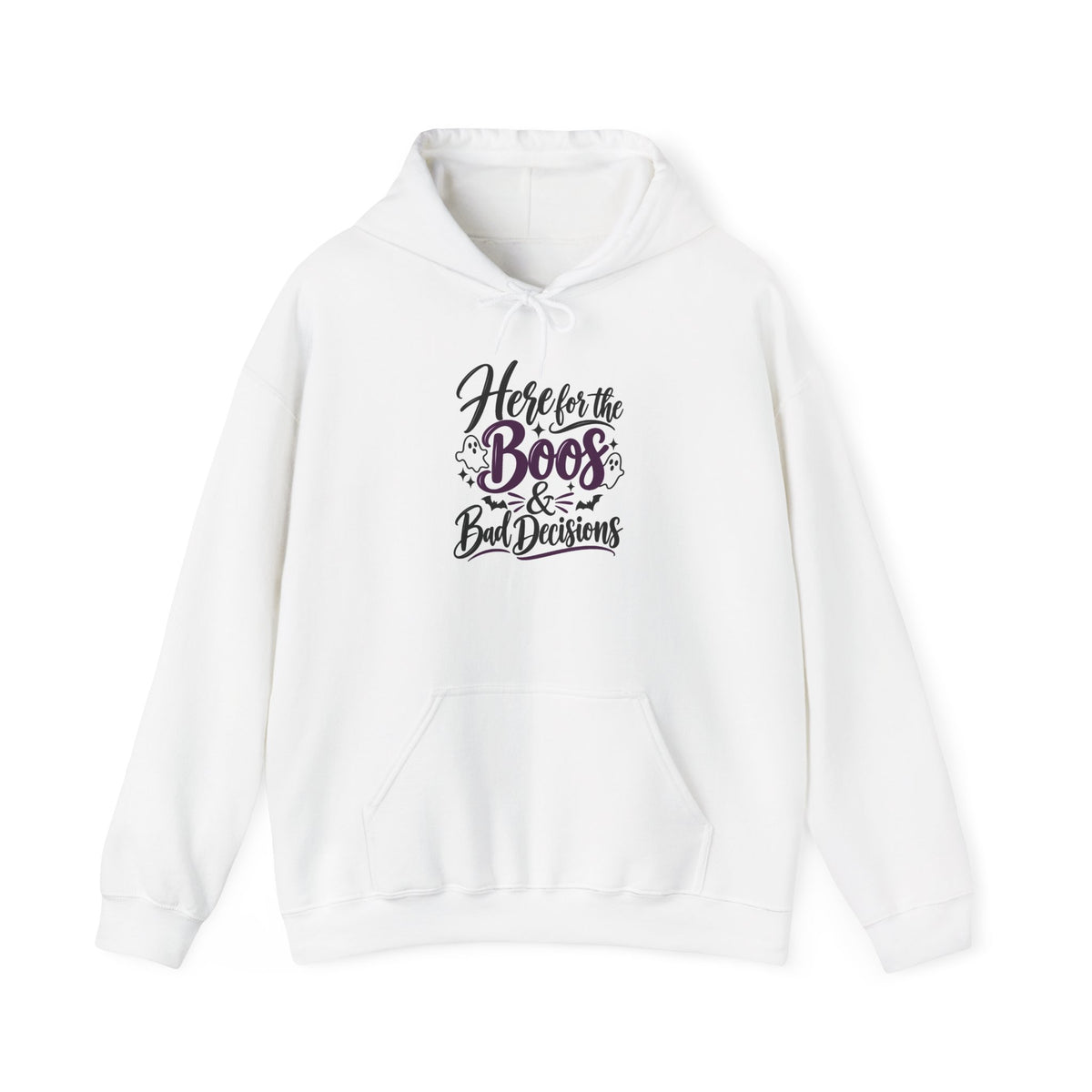 Halloween Hoodie "Here for the Boos & Bad Decisions" – Funny Spooky Party Sweatshirt