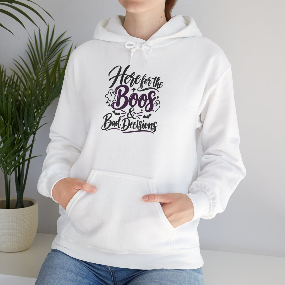 Halloween Hoodie "Here for the Boos & Bad Decisions" – Funny Spooky Party Sweatshirt