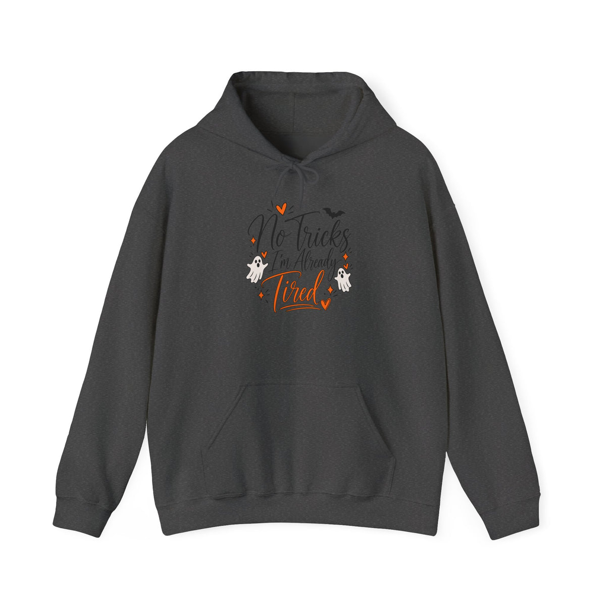 No Tricks I'm Already Tired Hoodie — Funny Halloween Pullover for Tired Adults