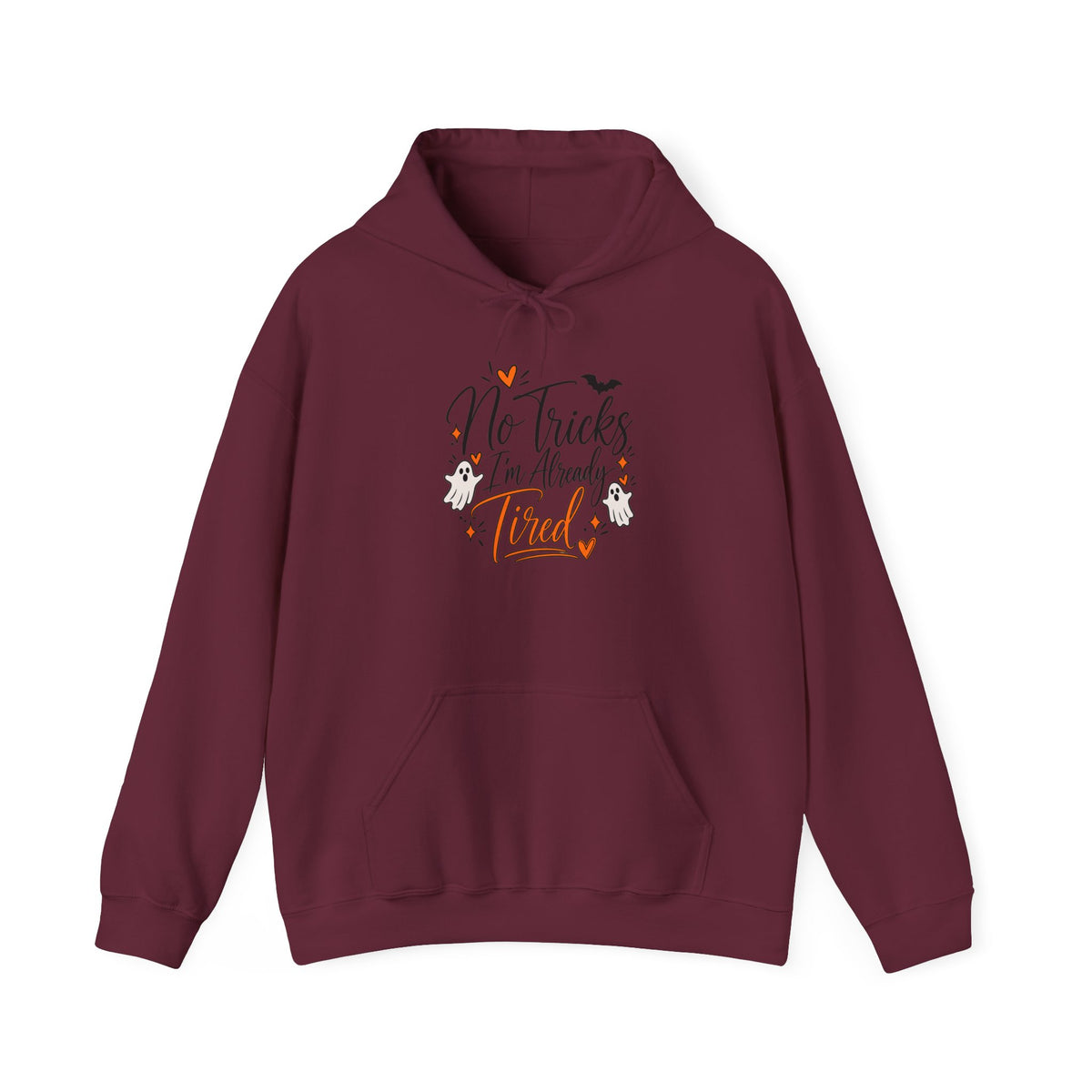 No Tricks I'm Already Tired Hoodie — Funny Halloween Pullover for Tired Adults