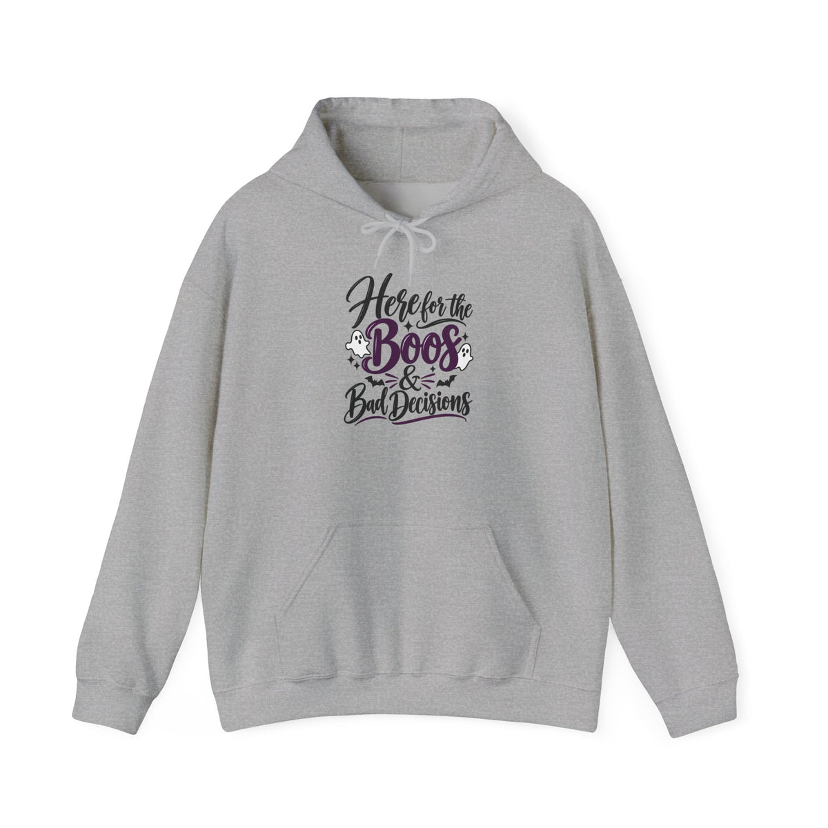 Halloween Hoodie "Here for the Boos & Bad Decisions" – Funny Spooky Party Sweatshirt