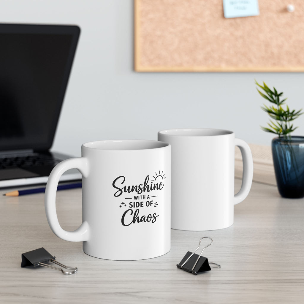 Morning Humor Ceramic Mug - 'Sunshine with a Side of Chaos' Script Coffee Mug, (11oz)