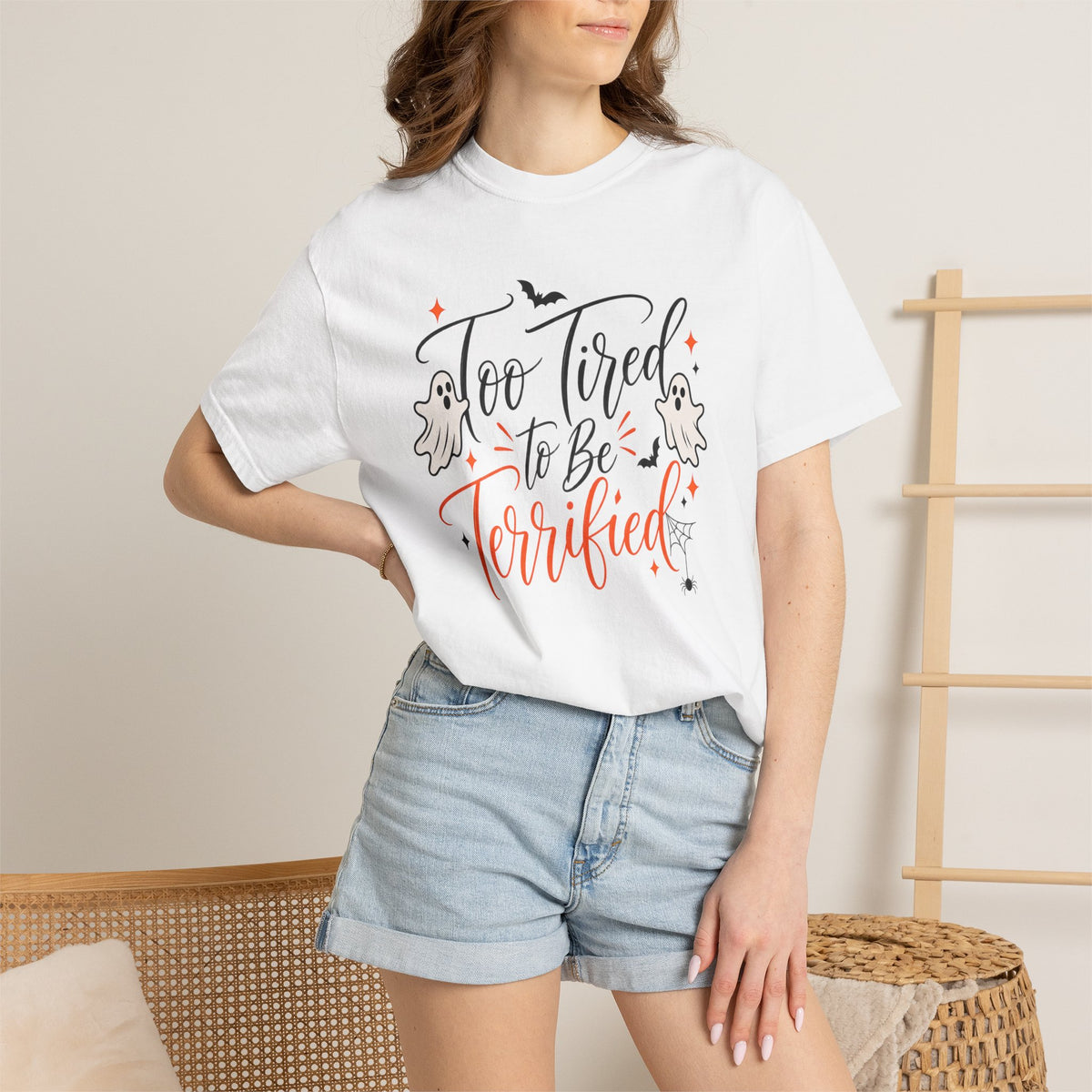 Too Tired to Be Terrified T-Shirt — Cute Halloween Ghost Tee