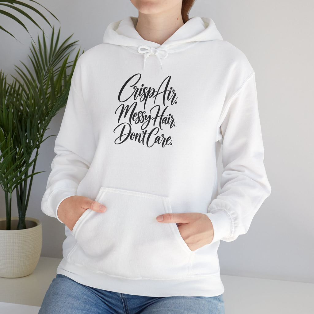 Hoodie — "Crisp Air, Messy Hair, Don’t Care" Cozy Graphic Hoodie