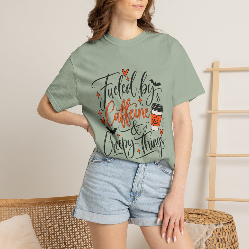 Caffeine & Creepy Things T‑Shirt — 'Fueled by Caffeine & Creepy Things' Halloween Coffee Tee