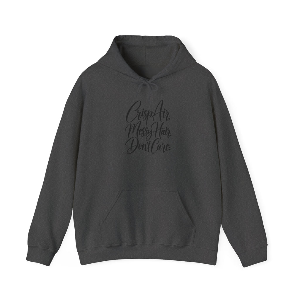 Hoodie — "Crisp Air, Messy Hair, Don’t Care" Cozy Graphic Hoodie